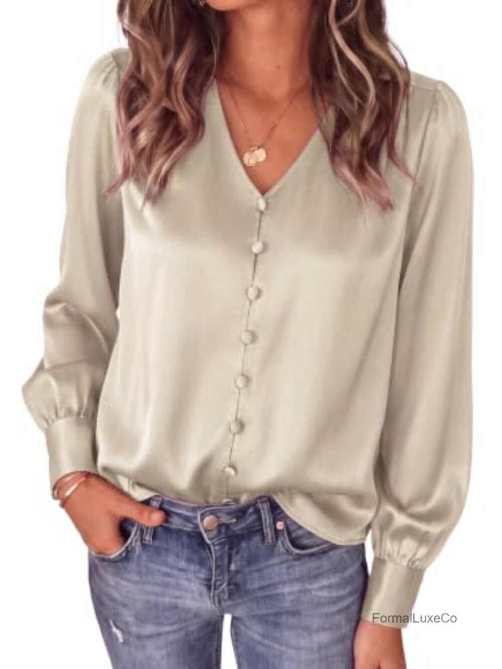 Satin V-Neck Lantern Sleeve Blouse Dressy Casual Work Top